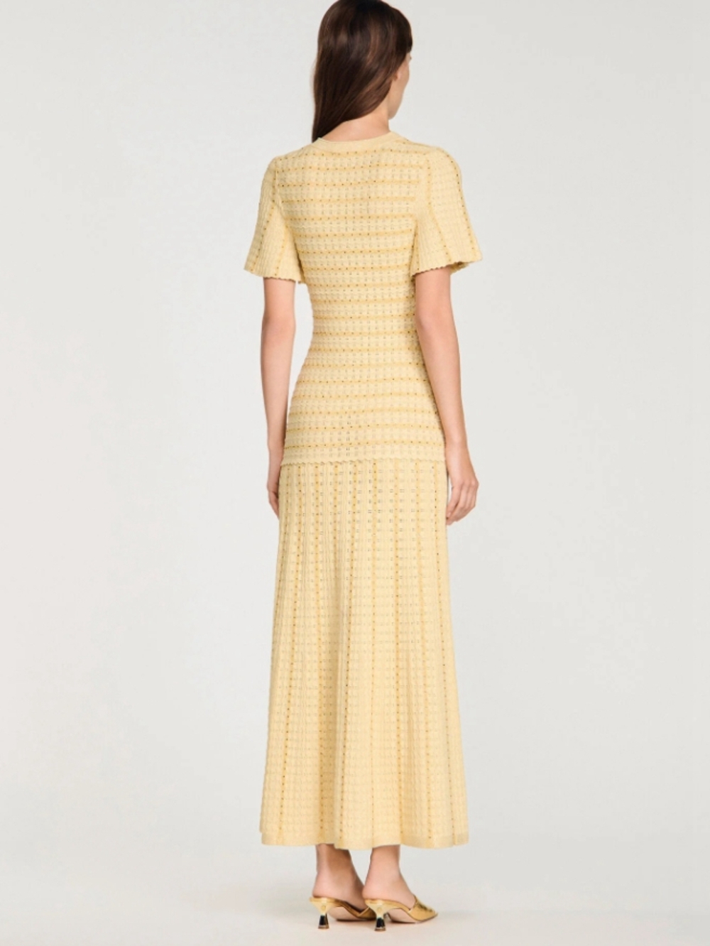 🟡Sandro Yellow Textured Knit Midi Dress Button Front Faux Pockets - Picture 7 of 12